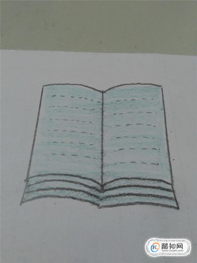 09 最后用铅笔在左右两页上画许多条虚线,表示书上面的字,书本的简笔